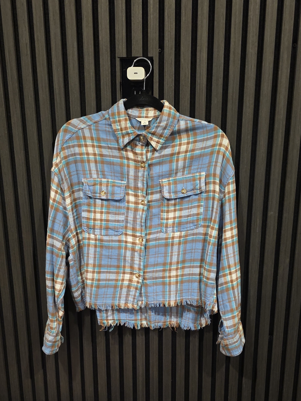 Aeropostale Light Blue and Brown Plaid Cropped Button Jacket